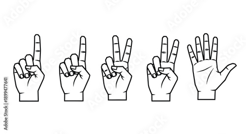 Five hands displaying different numbers using american sign language