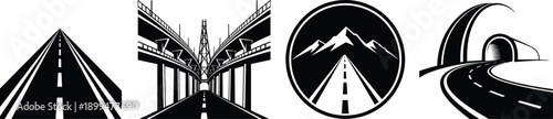 Roadway illustration set, highway interchange, tunnel entrance, mountain travel icon, black-and-white infrastructure graphics, stylized transportation visuals
