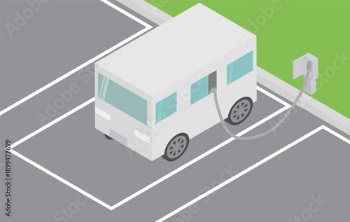 アイソメトリックな窓から電源ケーブルを引き込み充電するワンボックスカーのイラスト素材