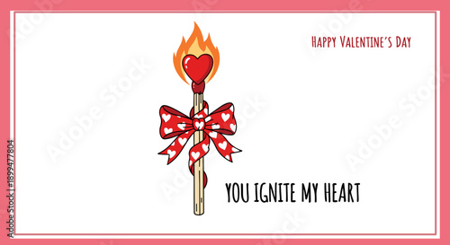 Valentine’s Day Matchstick with Heart Flame and Red Bow Illustration