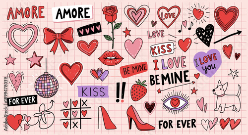 Trendy Valentine’s Day Sticker Collage with Hearts, Text, and Symbols