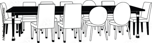 Dining table with fourteen chairs, furniture silhouette illustration, interior design vector, seating arrangement graphic, meeting room art, home decor poster
