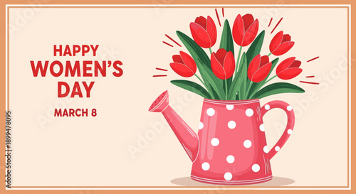 Women’s Day Tulip Bouquet in Polka Dot Watering Can Illustration