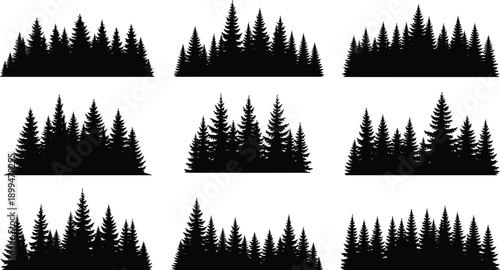 Coniferous tree silhouette collection, pine forest vector, evergreen cluster illustration, nature design graphic, woodland art, ecology poster, outdoor landscape silhouette