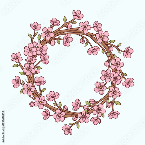 Pink Cherry Blossom Floral Wreath Decoration.