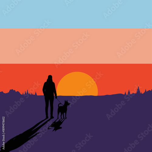 Silhouette of woman walking dog.