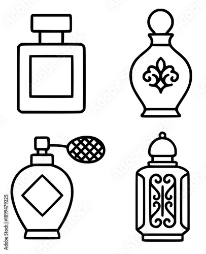 Islamic icon for Ramadan or Eid al-Fitr day, set of 4 vector illustrations of fragrant Arabic perfumes with outline design style