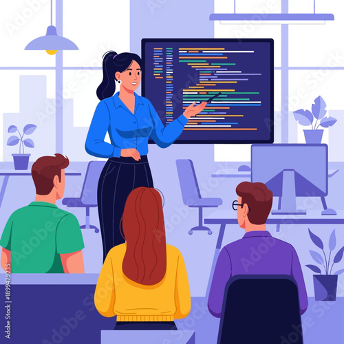 Woman explaining coding to colleagues.