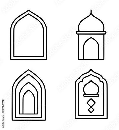Islamic icon for Ramadan or Eid al-Fitr, set of 4 vector illustrations of mihrab with outline design style
