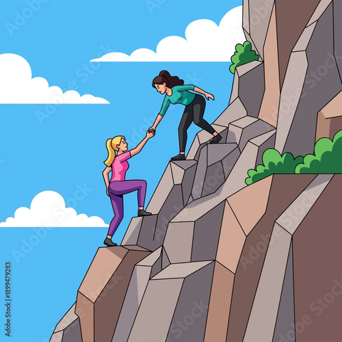 Woman helping another woman climb mountain.
