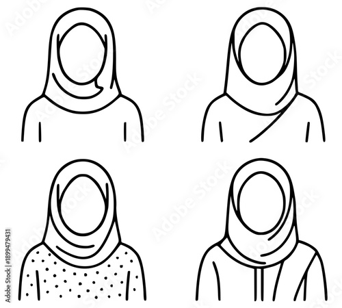 Islamic icons for Ramadan or Eid al-Fitr, set of 4 vector illustrations of Arabian women avatars with outline design style