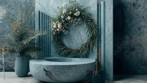 Modern Bathroom Design With Green Decorations and Floral Arrangements in a Se...