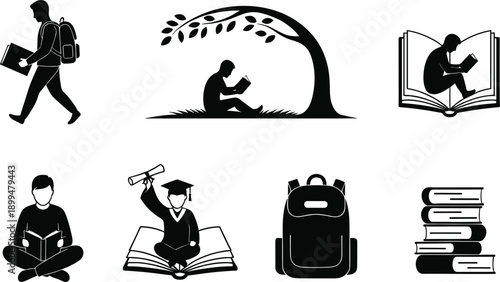 Set of education silhouettes featuring students reading under trees walking with backpacks and graduation concepts isolated on grey background