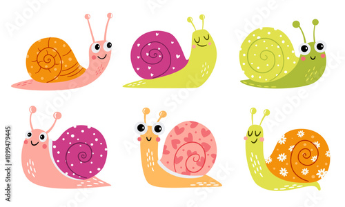 A set of flat vector illustrations in a simple children's style. Cute snails of different colors. Vector illustration