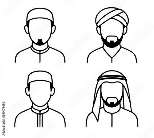Islamic icons for Ramadan or Eid al-Fitr, set of 4 vector illustrations of Muslim men avatars with outline design style