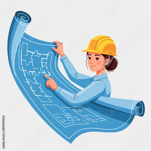 Woman in hardhat holding blueprint.