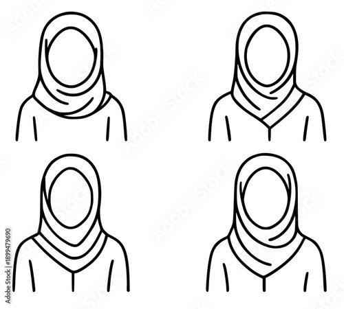 Islamic icons for Ramadan or Eid al-Fitr, set of 4 vector illustrations of Muslim women avatars with outline design style