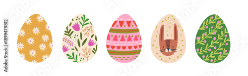 Easter egg designs, patterns set. Decorated painted dyed ornaments, religious holiday symbols with flowers, geometric decor, bunny drawing. Flat vector illustration isolated on white background