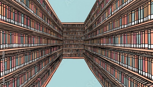 Books Stacked on Shelves in a Library With Wide Angles and a Clear Blue Sky A...