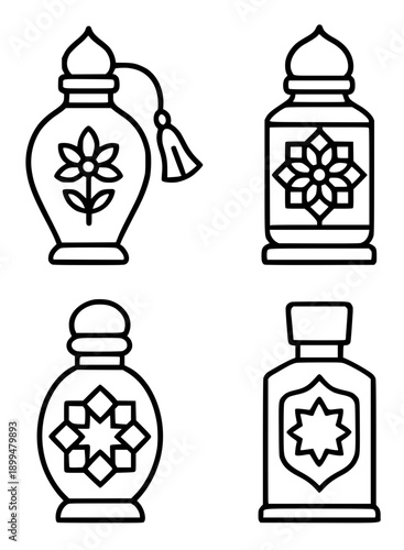 Islamic icons for Ramadan or Eid al-Fitr, set of 4 vector illustrations of Arabic perfumes with outline design style