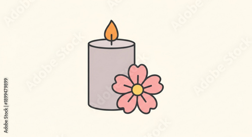 A lit candle with a pink flower beside it on a beige background symbolizing peace and serenity in a simple flat illustration style