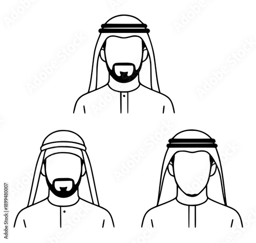 Islamic icons for Ramadan or Eid al-Fitr, set of 3 vector illustrations of Arabian male avatars with outline design style