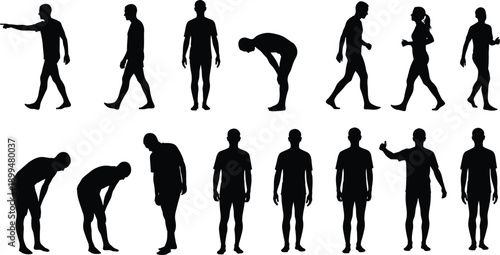 Human body silhouettes in different walking standing and bending poses, male and female people actions, black vector set