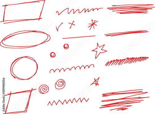 red pencil hand drawn various oval, chalked arrows, check marks. Vector doodle marker drawing. Hand drawn charcoal symbols for diagrams. Freehand grunge red strikethrough and underline elements