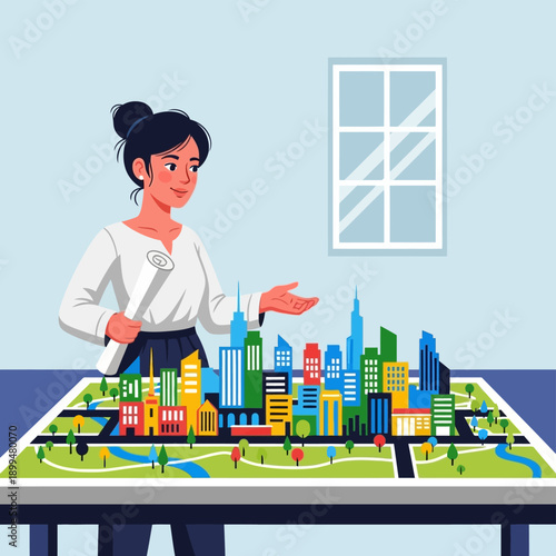 Woman presenting city model architecture plan.