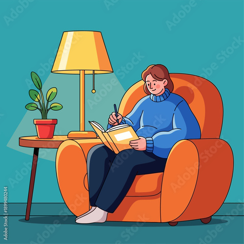 Woman Sitting on Orange Armchair Writing.