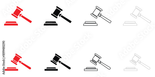 gavel icon vector set, judge gavel icon symbol, auction hammer vector, silhouette and line art illustration