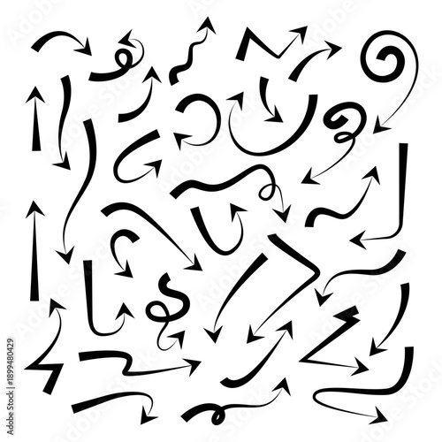 A collection of black arrows in various shapes and sizes. The arrows are scattered throughout the image, with some pointing upwards and others pointing downwards.