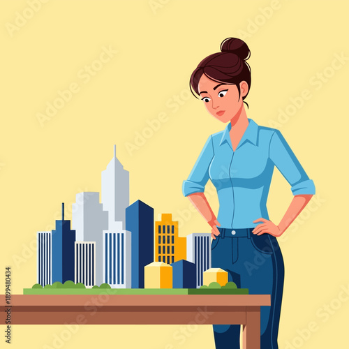 Woman standing beside city model table.