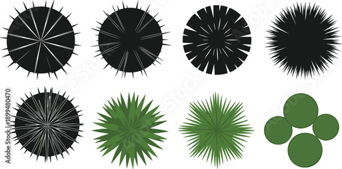 Abstract spiky circle shapes set, radial burst and organic forms, minimal geometric design, black green vector illustration collection