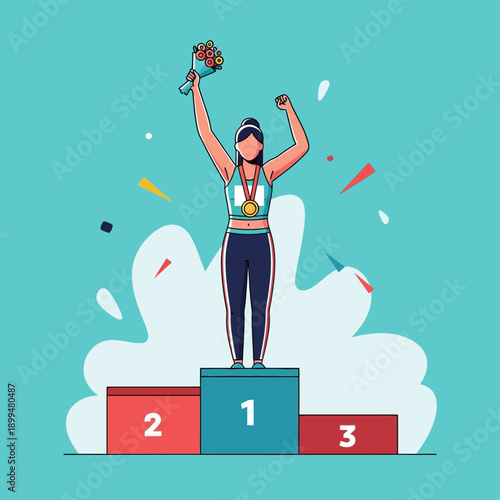 Woman standing on first place podium.