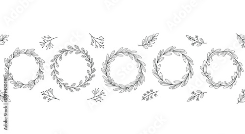 Seamless pattern with hand drawn floral wreaths and leaves