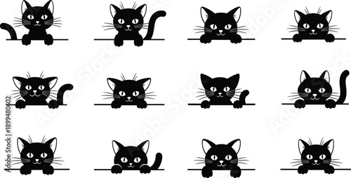 Cute black cat silhouettes set, playful kitten faces peeking, cartoon animal icons, minimal pet vector illustration collection