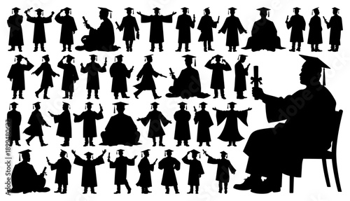Male Graduation Silhouettes Large Collection with Students Celebrating and Holding Diplomas on Transparent Background