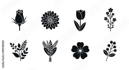 Collection of floral silhouettes: roses, dahlias, tulips, and more in minimalist black design