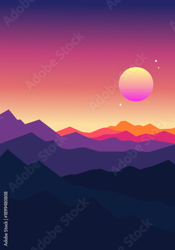 Vibrant Vector Illustration of a Surreal Mountain Landscape at Sunset with a Large Full Moon