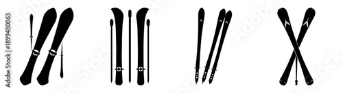 Set of black and white ski equipment icons isolated on white background for winter sports design