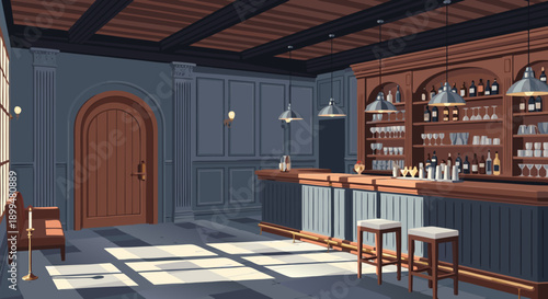 Cozy bar interior vector illustration, with wooden bar counter, stools, and shelves filled with drinks, perfect for hospitality and lifestyle projects