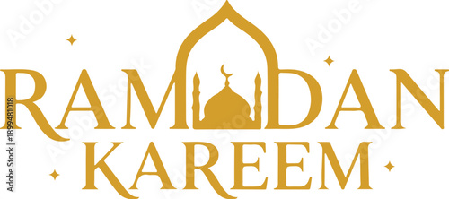 Ramadan kareem greeting with mosque silhouette and crescent moon on white background