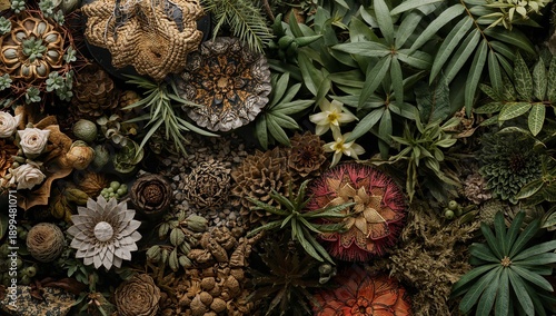 Colorful Arrangement of Various Plants and Textures on a Flat Surface in a Na...