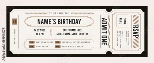Vintage style invitation card template. Birthday ticket invitation in retro. Party ticket card design.