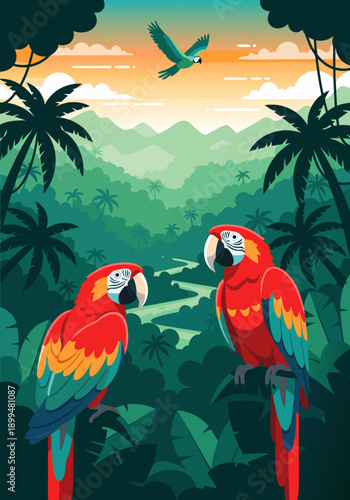 vibrant macaw parrots in a lush jungle landscape, a captivating vector illustration for your next creative project