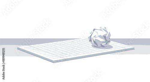Crumpled paper on grid surface in minimalist art style