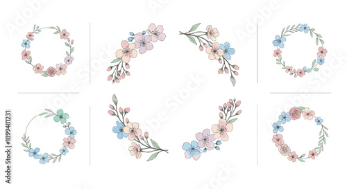 Delicate floral wreaths and bouquets set in soft pastel colors for elegant designs