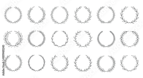 Elegant set of herbaceous wreaths in linear style for decoration and design