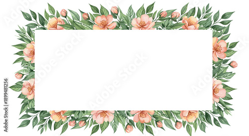 Floral frame with pink blossoms and green leaves for invitations or greeting cards
